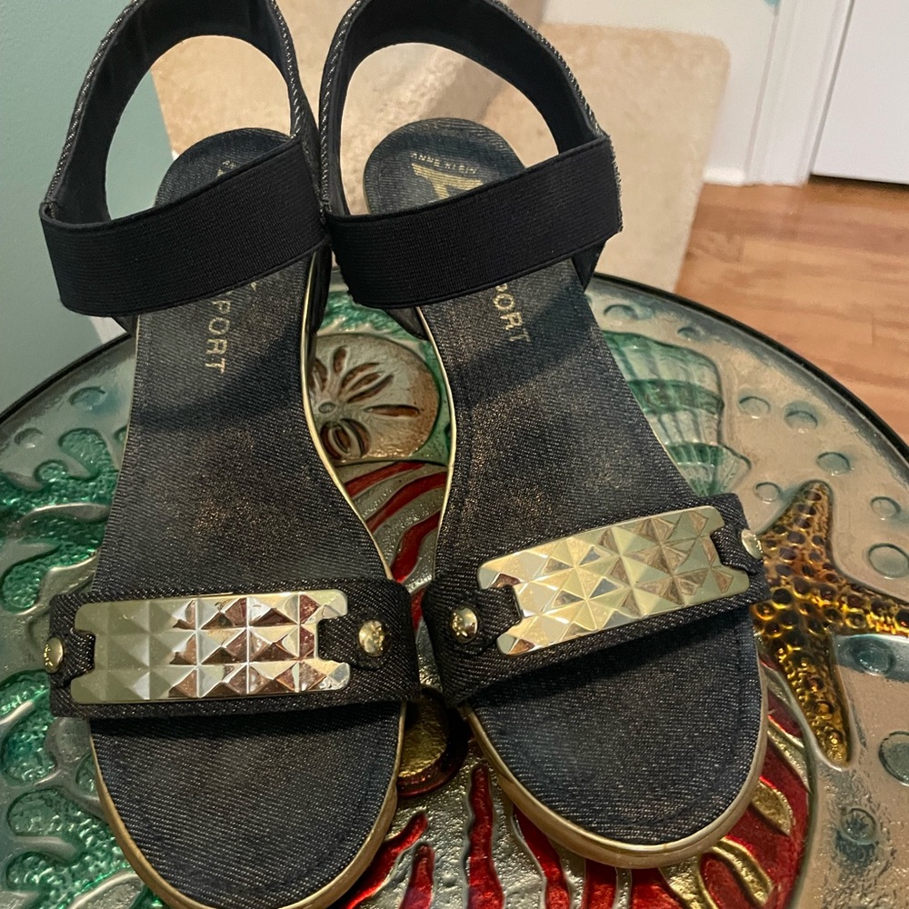 Anne Klein Gold and Denim Sandals with Studded Embellishments